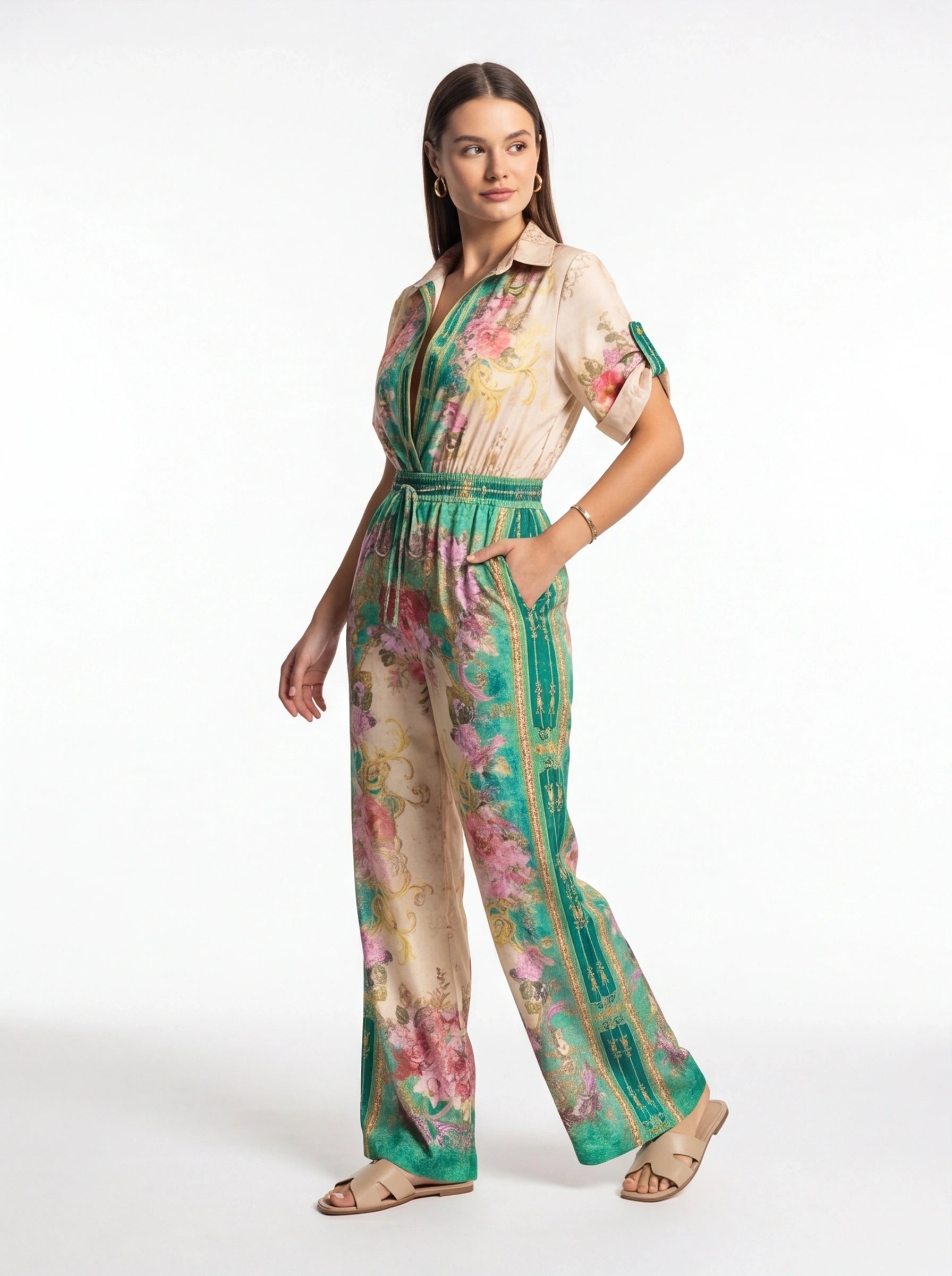 Floral Wide-Leg Jumpsuit with Roll-Up Sleeves - Jamota