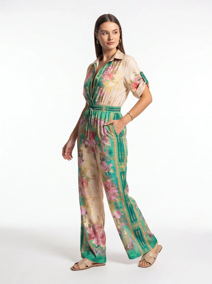 Floral Wide-Leg Jumpsuit with Roll-Up Sleeves - Jamota