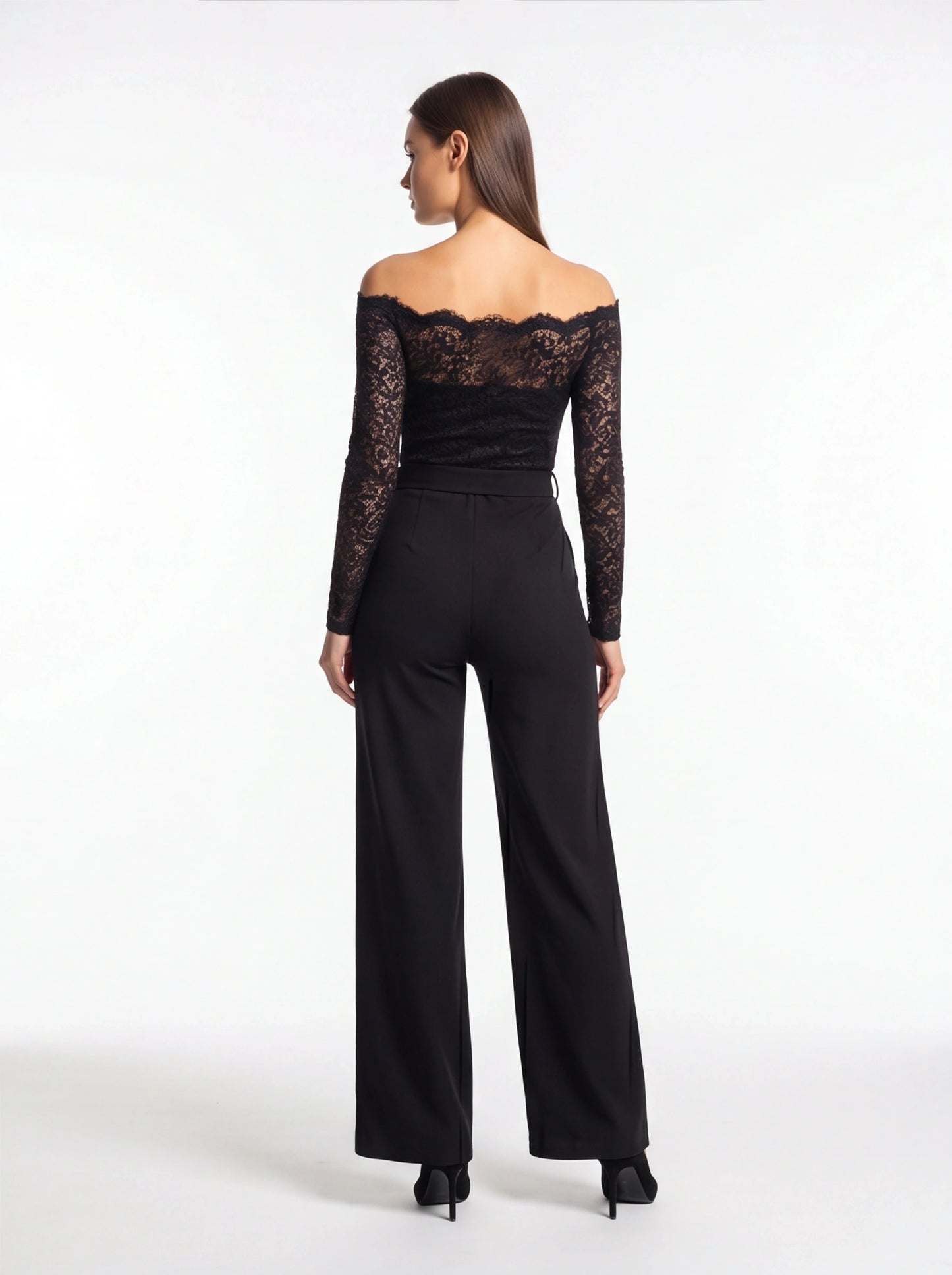 Jamota black jumpsuit with off-shoulder lace bodice, long lace sleeves and belted wide-leg pants