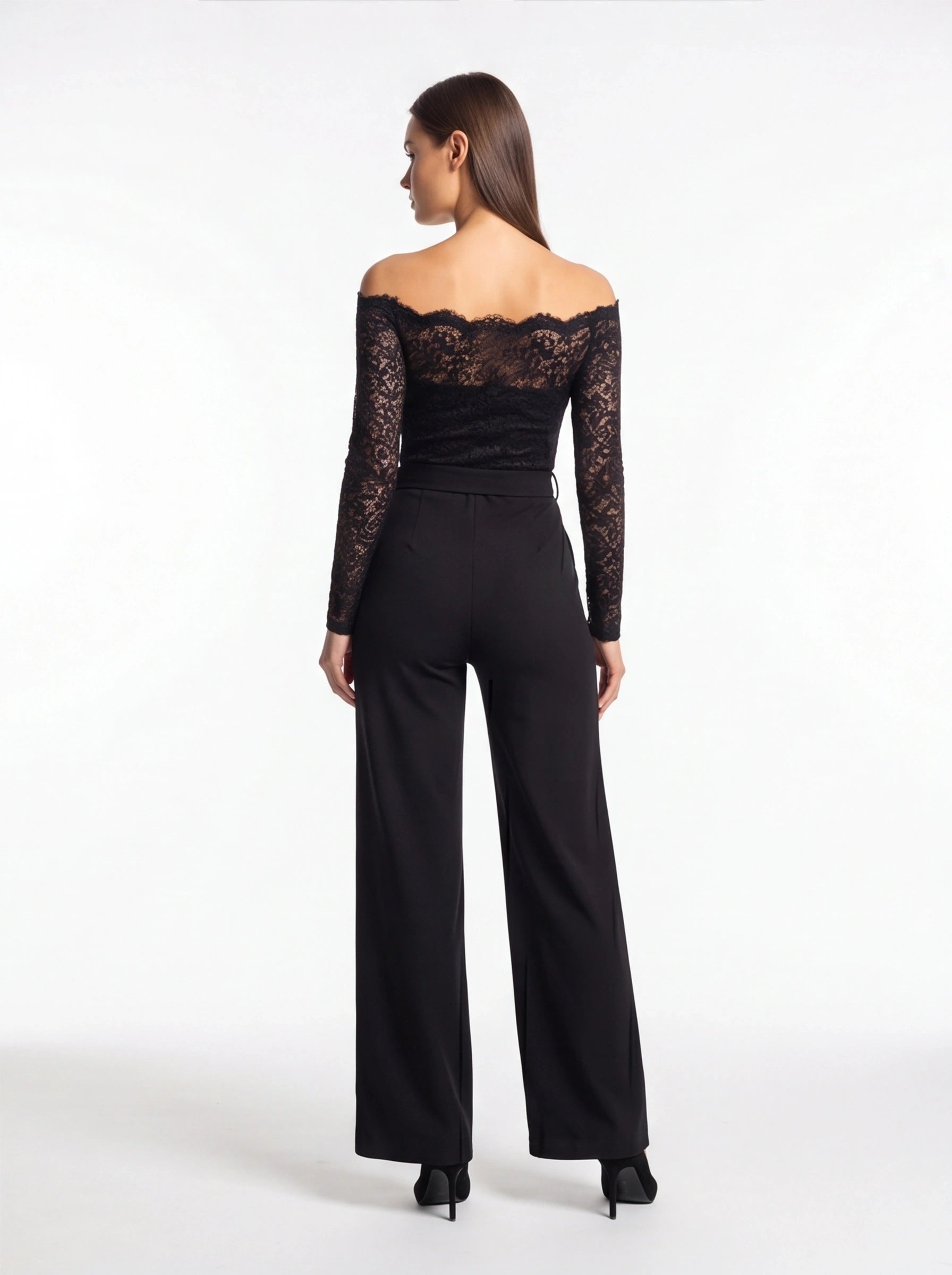 Jamota black jumpsuit with off-shoulder lace bodice, long lace sleeves and belted wide-leg pants