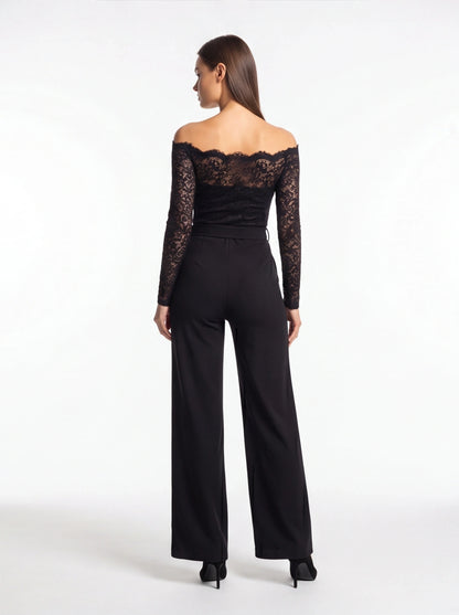 Jamota black jumpsuit with off-shoulder lace bodice, long lace sleeves and belted wide-leg pants