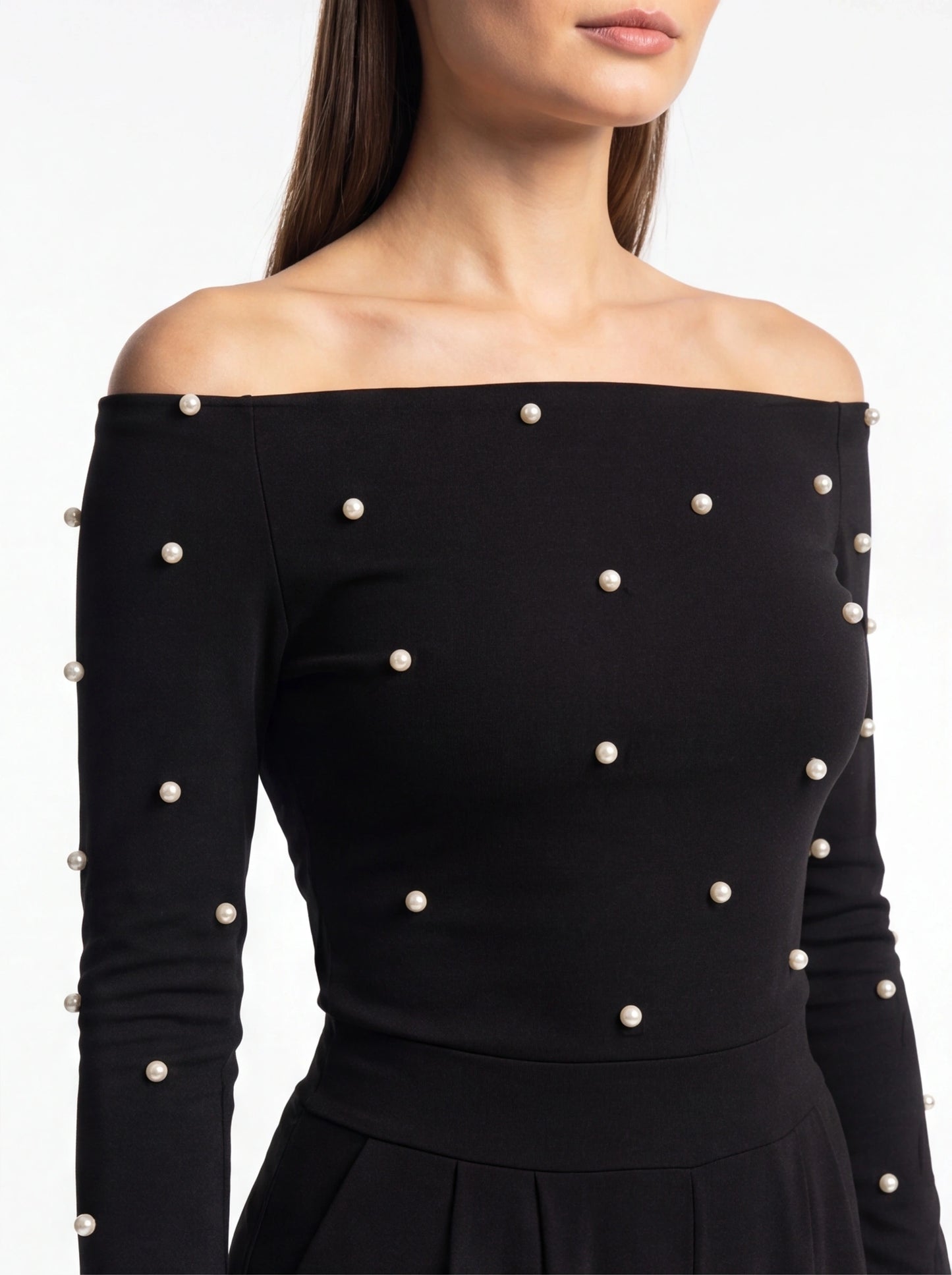Jamota black off-shoulder jumpsuit with pearl bead embellishments on sleeves and bodice, tailored fit