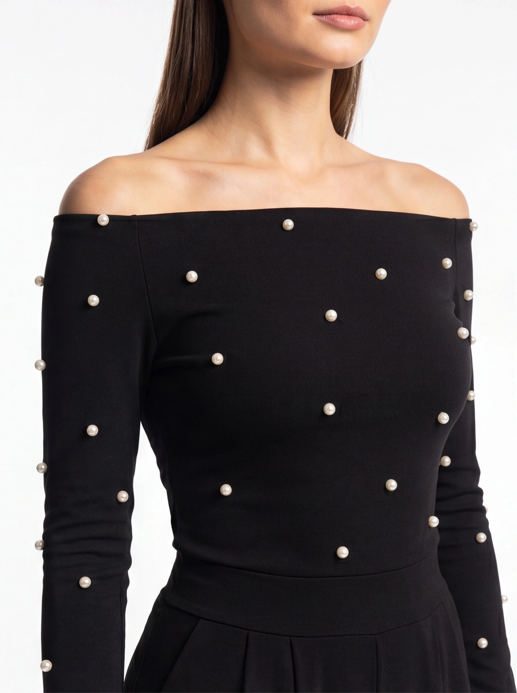 Jamota black off-shoulder jumpsuit with pearl bead embellishments on sleeves and bodice, tailored fit