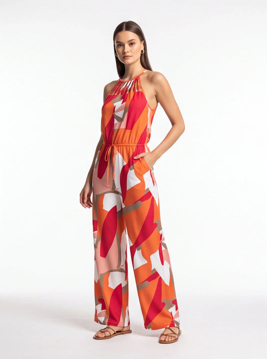 Stylish Geometric Print Halter Jumpsuit with Adjustable Straps & Pocket by Jamota One-Pieces Women's Jumpsuits