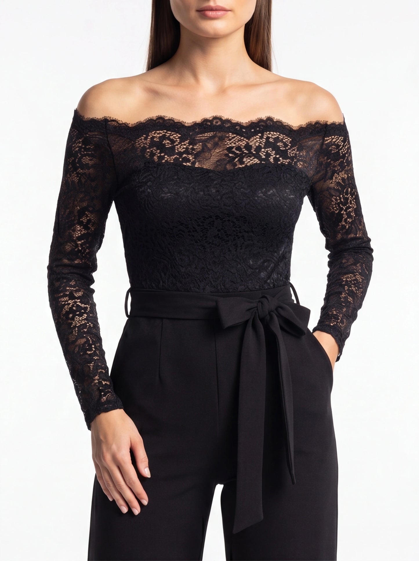 Jamota black off-shoulder lace jumpsuit with belted waist and pockets