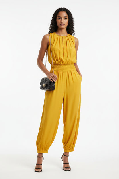 Elegant Casual Ruched Jumpsuit with Adjustable Straps & Pockets - Jamota
