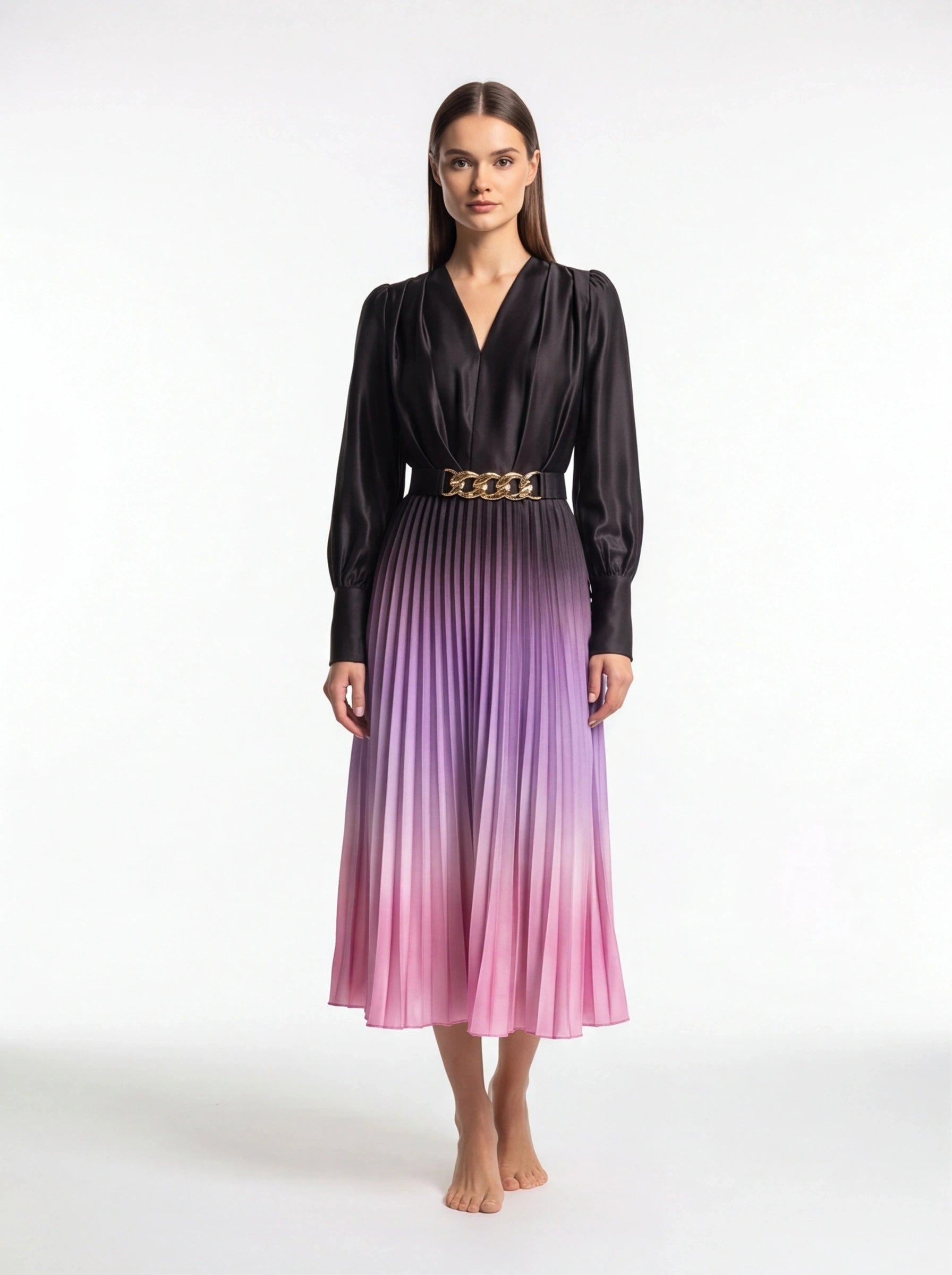 Stylish Ombre Midi Dress with Elegant Sleeves and Flattering Fit by Jamota Dresses Women's Dresses
