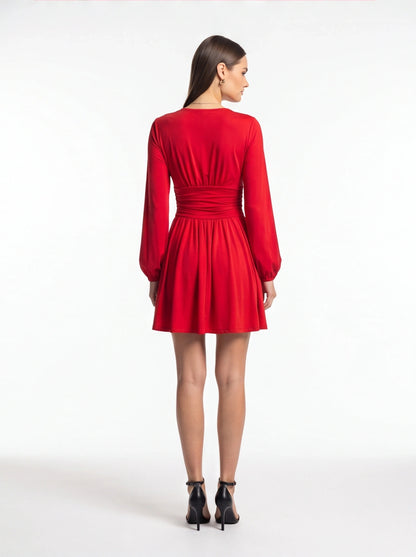 Stylish Flowy A-Line Party Dress with Elegant Sleeves & Pockets - Jamota