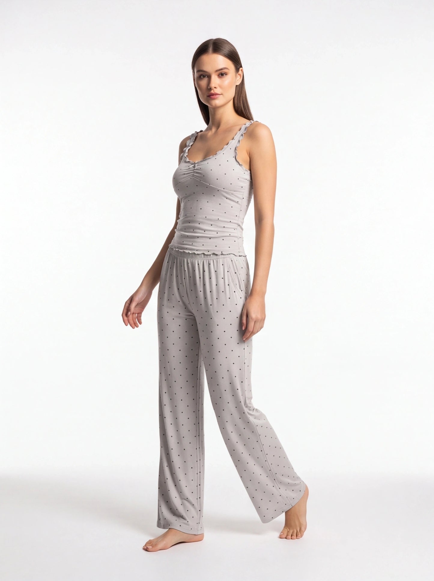 Polka Dot Pajama Set with Wide-Leg Pants by Jamota Pajamas Women's Sleepwear & Loungewear