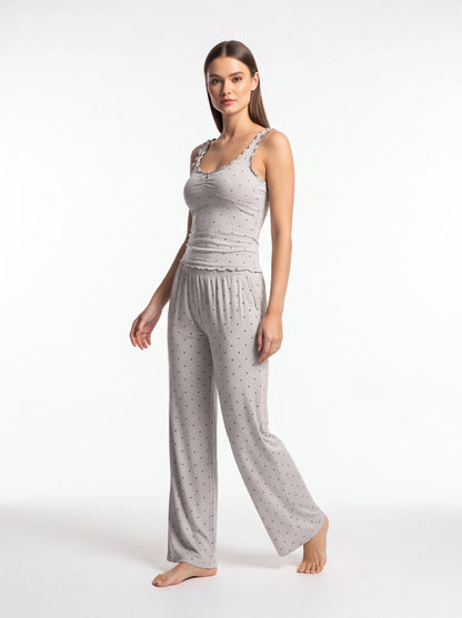 Polka Dot Pajama Set with Wide-Leg Pants by Jamota Pajamas Women's Sleepwear & Loungewear
