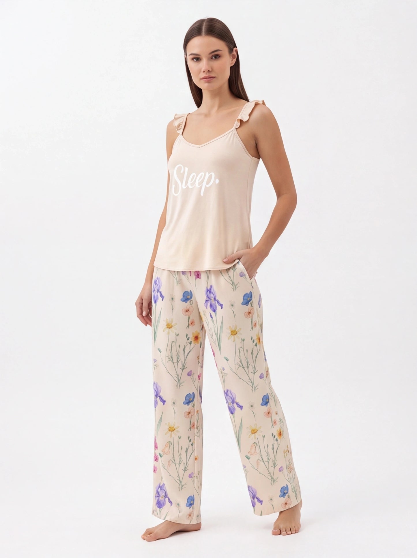 Floral Print Cami Pajama Set with Ruffle Trim by Jamota Robes Women's Pajamas & Robes