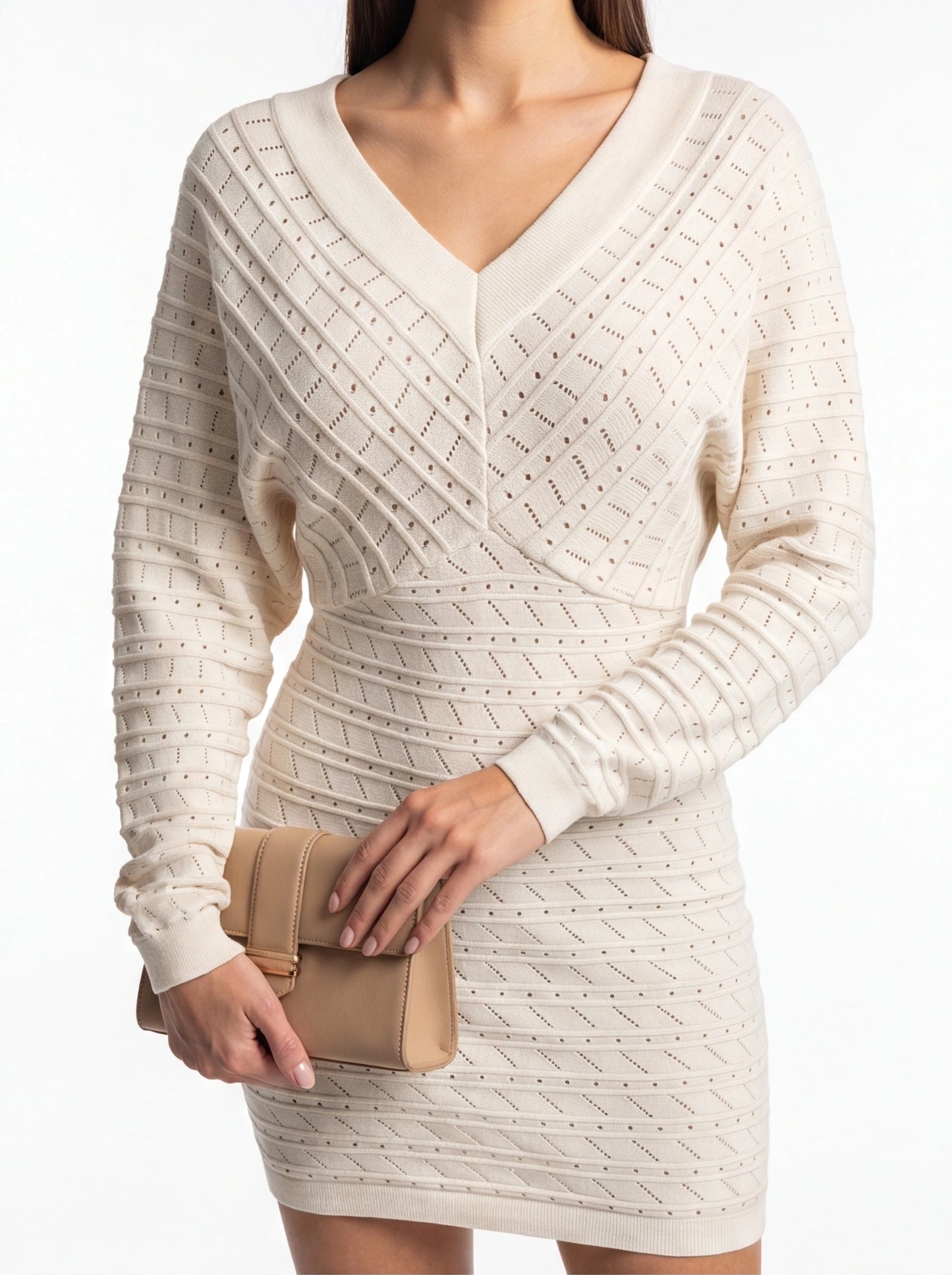 Hollow-Out Knit Bodycon Mini Dress with Long Sleeves - Jamota