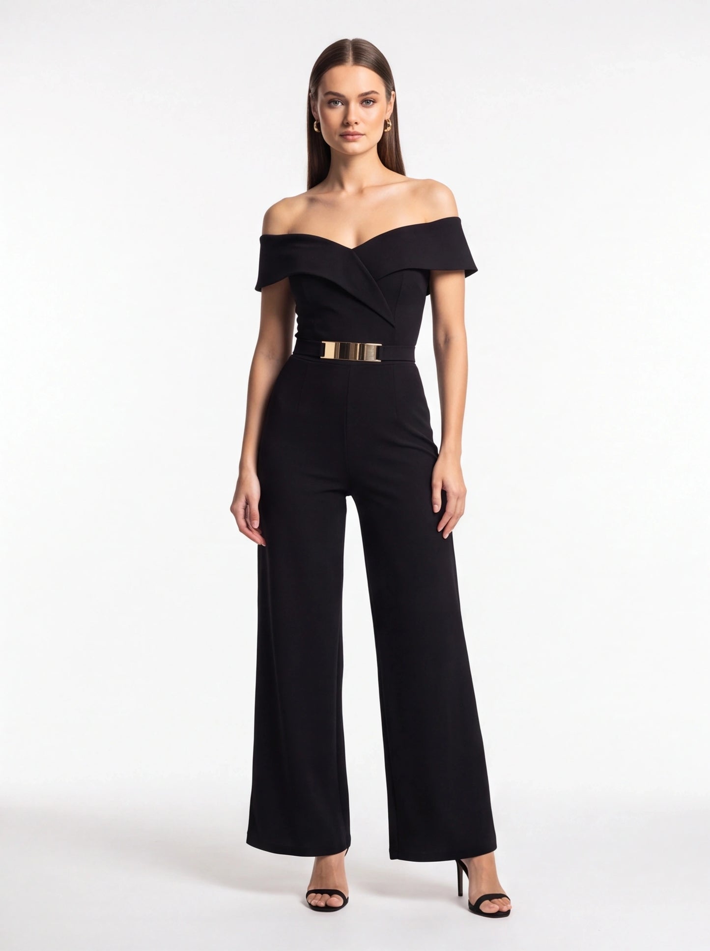 Elegant Black Off-Shoulder Wide-Leg Jumpsuit with Belt - Jamota