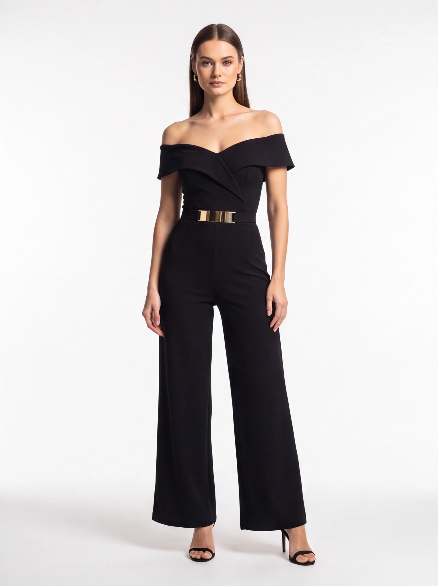 Elegant Black Off-Shoulder Wide-Leg Jumpsuit with Belt - Jamota