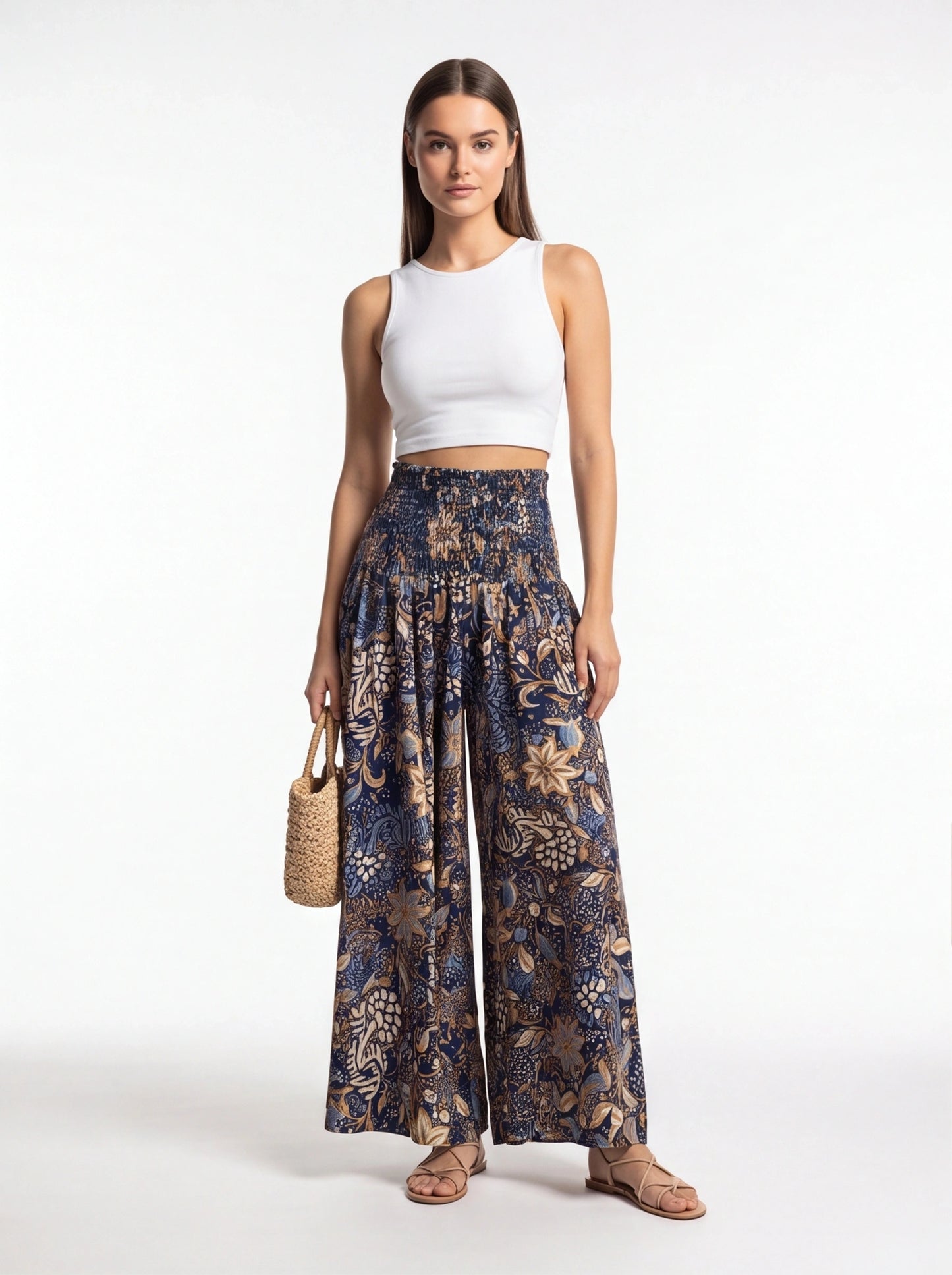 Vintage Floral Print High Waist Wide Leg Pants with Shirred Detail