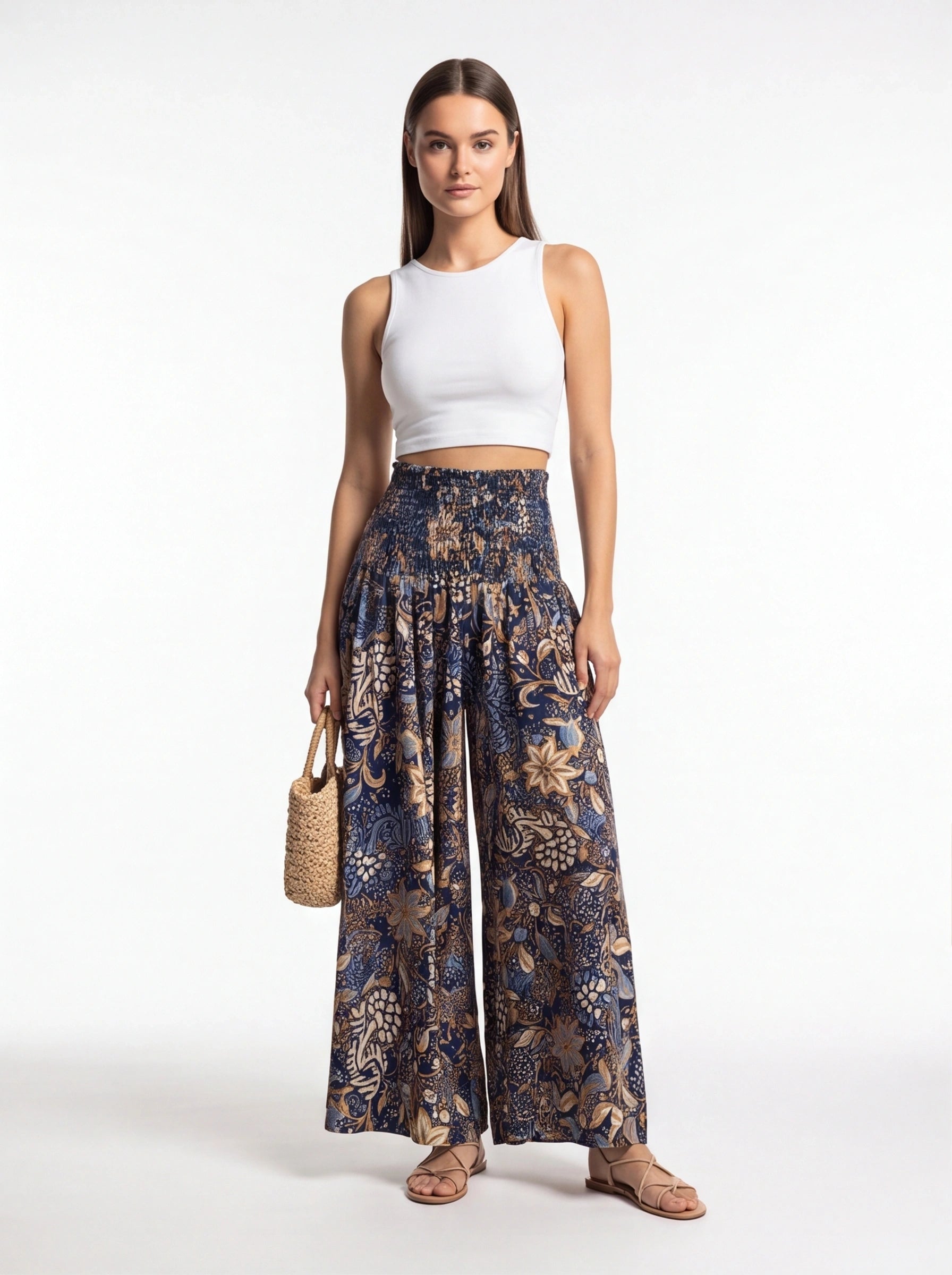 Vintage Floral Print High Waist Wide Leg Pants with Shirred Detail