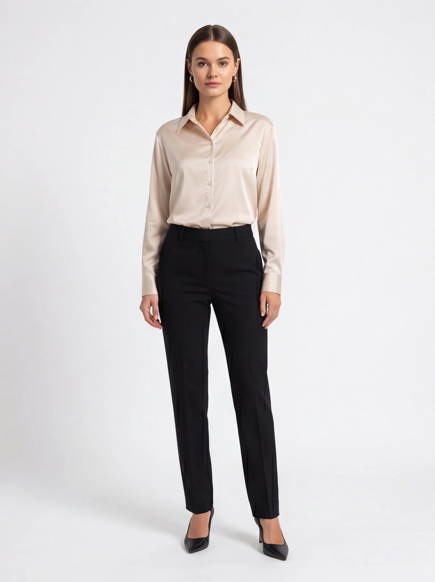 Beige Satin Blouse with Classic Collar - Jamota