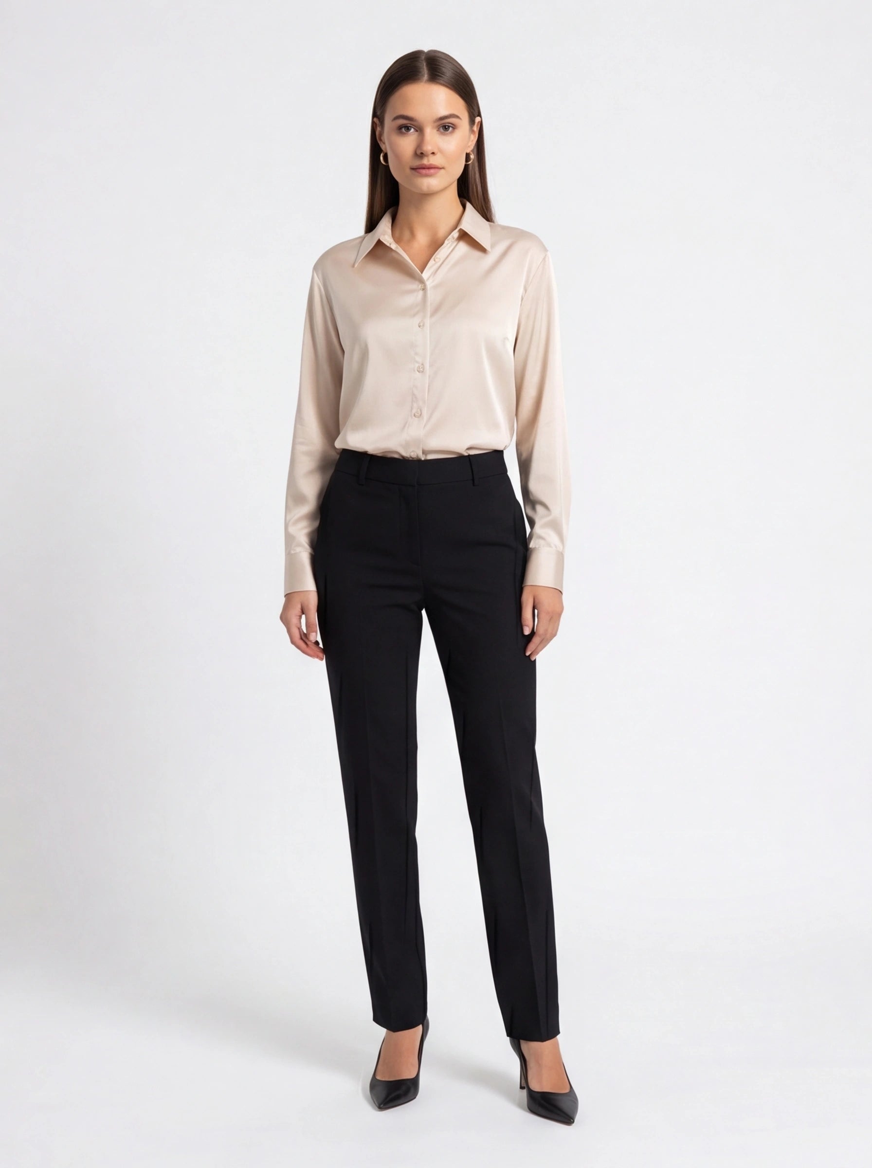 Beige Satin Blouse with Classic Collar - Jamota