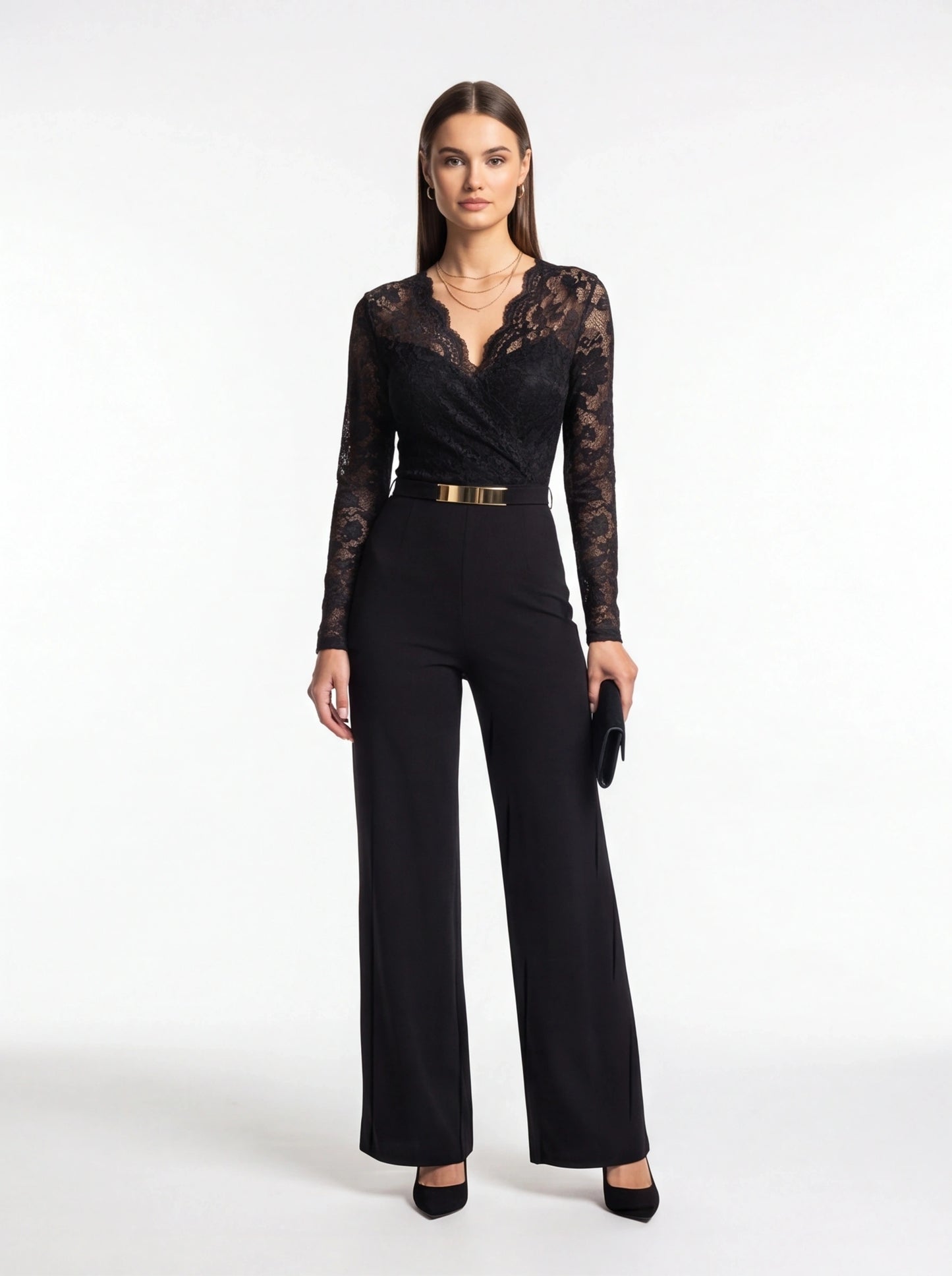 Jamota black lace jumpsuit with wrap bodice, long sleeves and a gold belt, wide-leg pants.