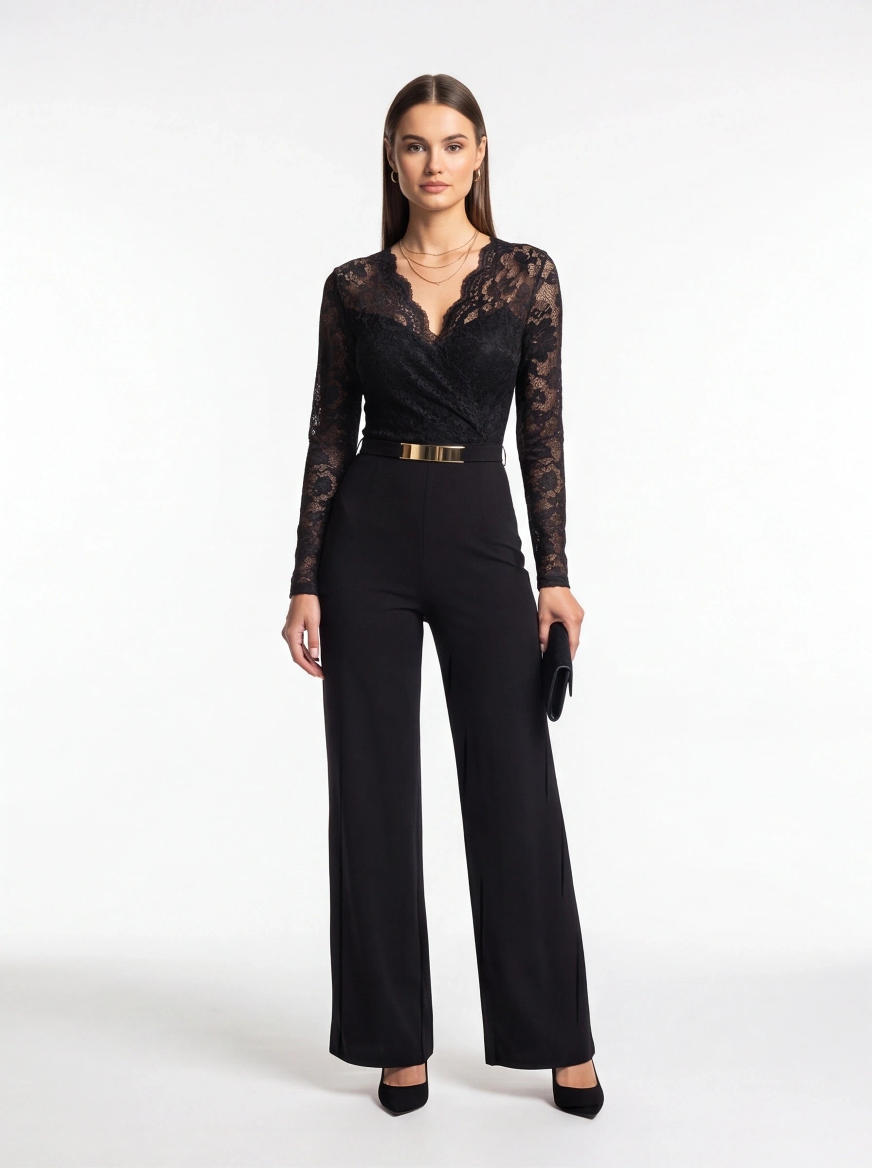 Jamota black lace jumpsuit with wrap bodice, long sleeves and a gold belt, wide-leg pants.