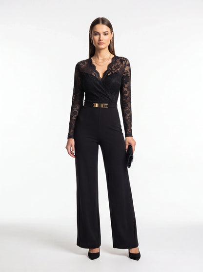 Jamota black lace jumpsuit with wrap bodice, long sleeves and a gold belt, wide-leg pants.