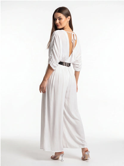 Jamota white jumpsuit backless design with adjustable straps, wide legs, belt