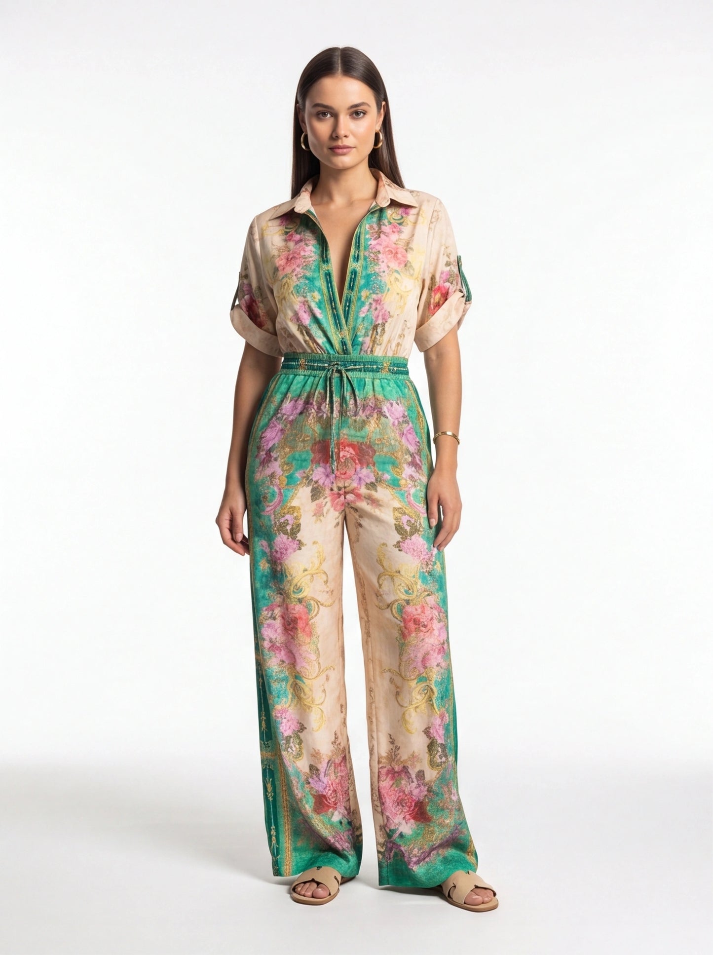 Floral Wide-Leg Jumpsuit with Roll-Up Sleeves - Jamota