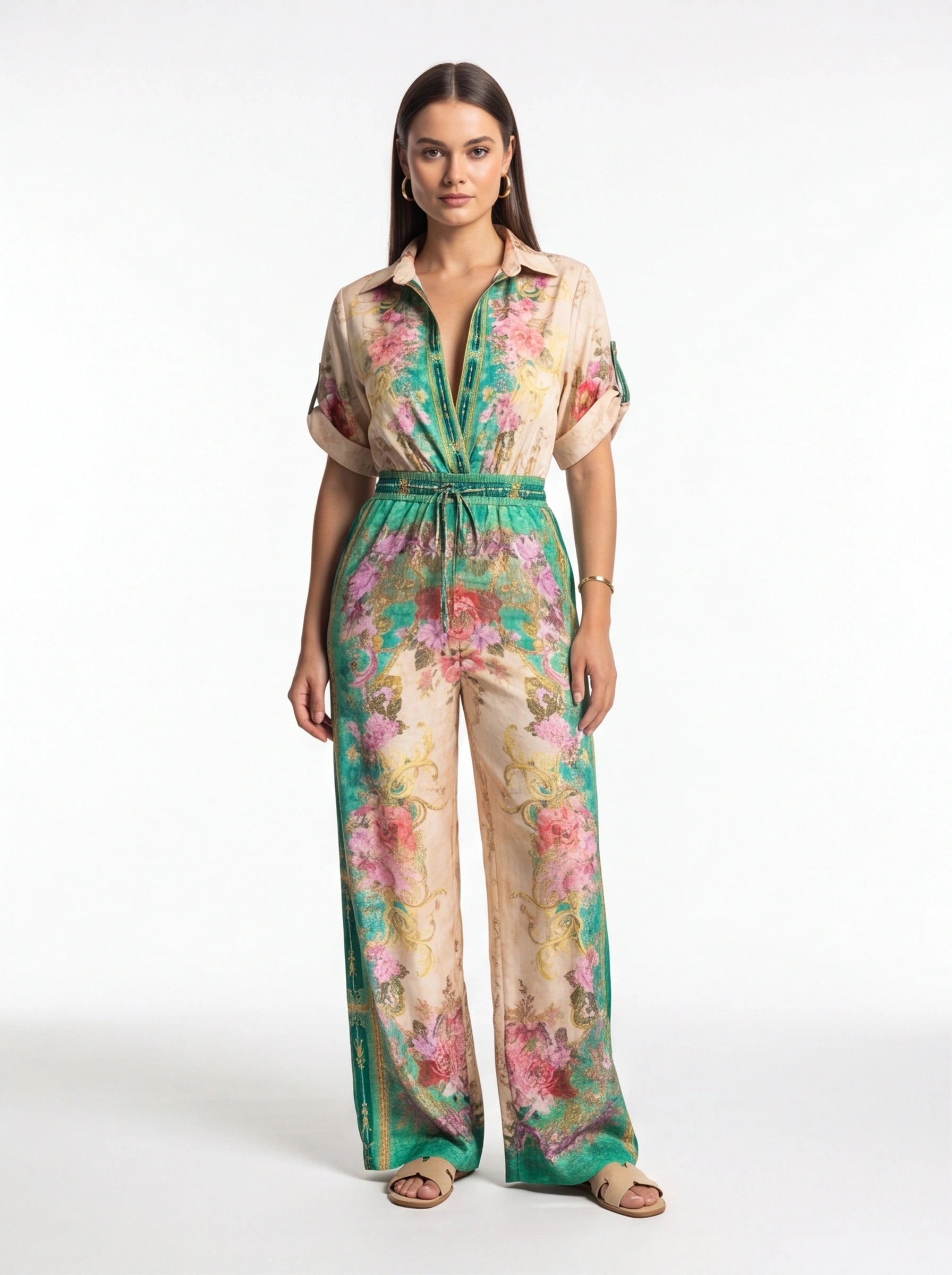 Floral Wide-Leg Jumpsuit with Roll-Up Sleeves - Jamota