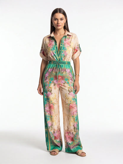 Floral Wide-Leg Jumpsuit with Roll-Up Sleeves - Jamota