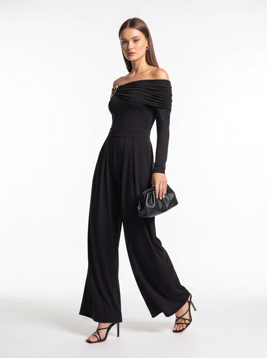 Elegant Off-Shoulder Dressy Jumpsuit for Women with Pockets & Belt - Jamota