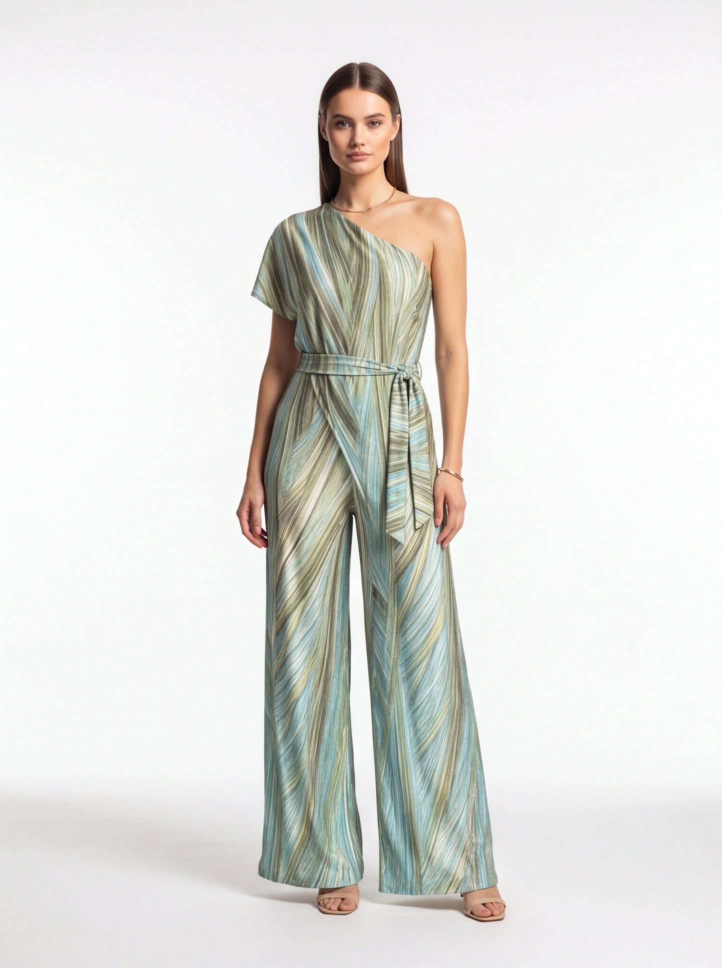 Elegant Abstract Print Wide Leg Jumpsuit with Pockets and Belted Waist by Jamota One-Pieces Jumpsuits