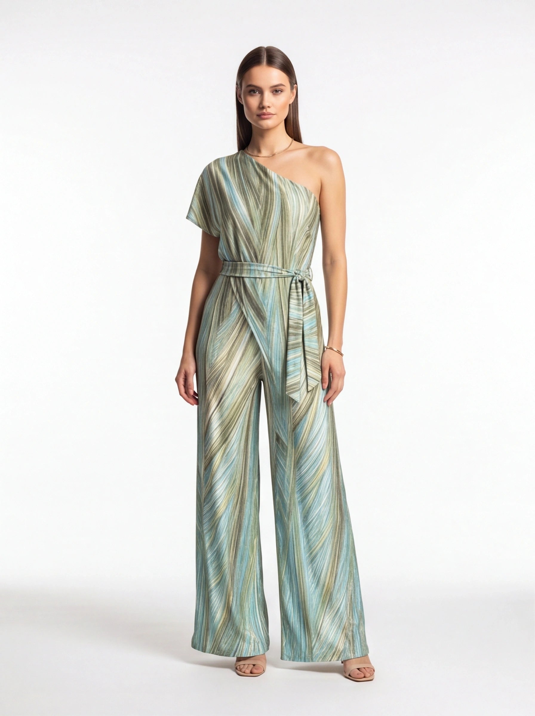 Elegant Abstract Print Wide Leg Jumpsuit with Pockets and Belted Waist by Jamota One-Pieces Jumpsuits