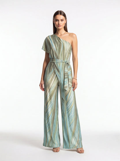 Elegant Abstract Print Wide Leg Jumpsuit with Pockets and Belted Waist by Jamota One-Pieces Jumpsuits