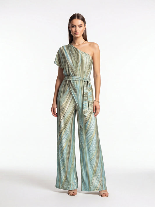 Elegant Abstract Print Wide Leg Jumpsuit with Pockets and Belted Waist by Jamota One-Pieces Jumpsuits