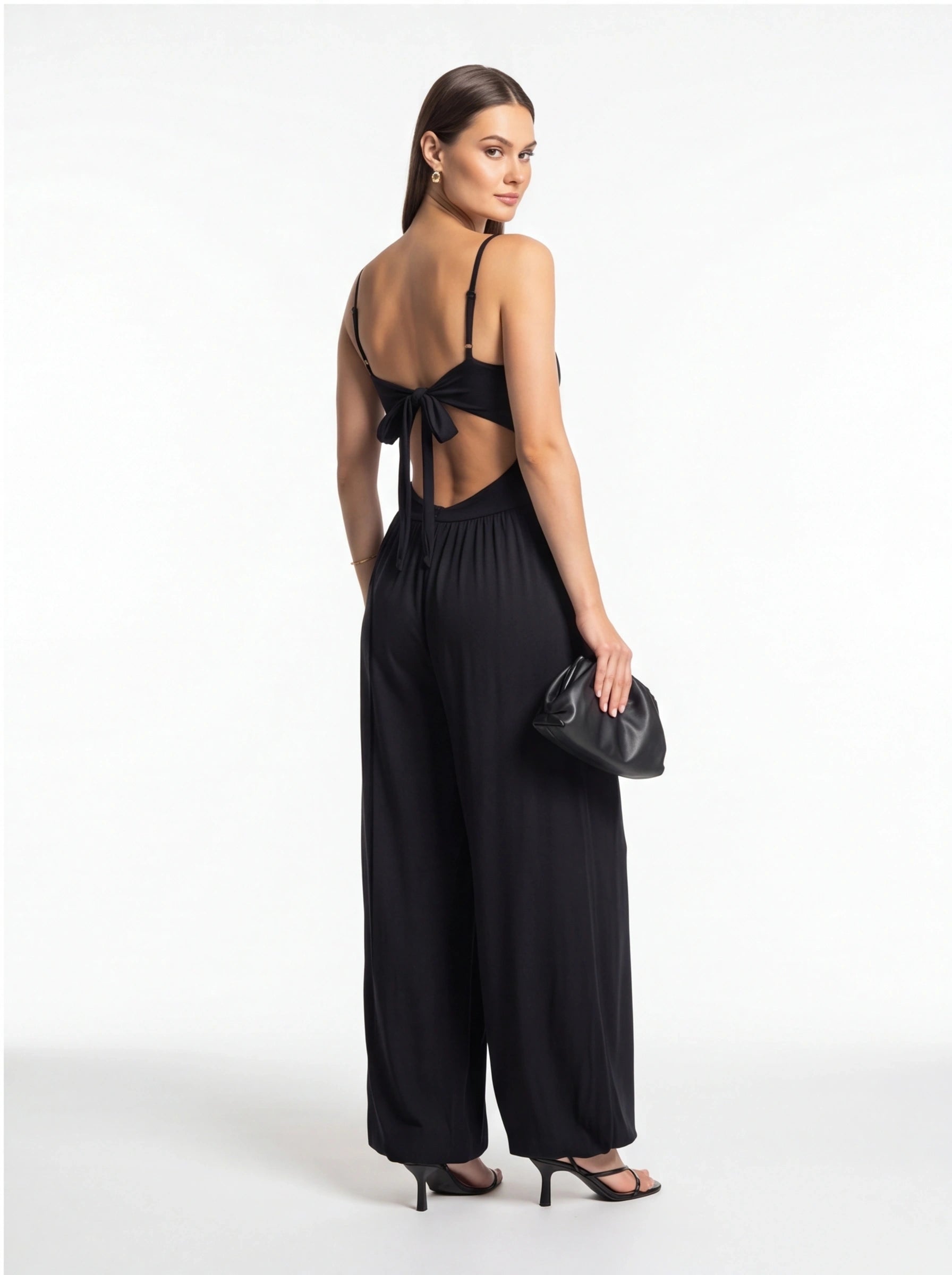 Jamota black backless summer jumpsuit with adjustable straps and wide-leg pants, bow at back