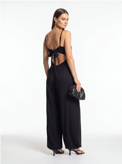 Jamota black backless summer jumpsuit with adjustable straps and wide-leg pants, bow at back