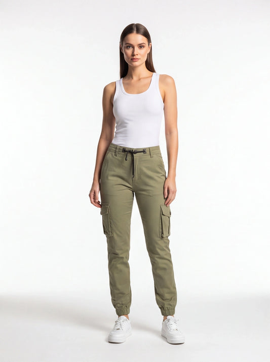 Black Cargo Pants Cuffed Zipper Fly Drawstring Elastic Back Waist Multiple Flap Pockets Polyester - Jamota